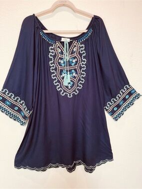 CC Conection Pheasant Boho Style Navy Tunic with Aqua Embroidery